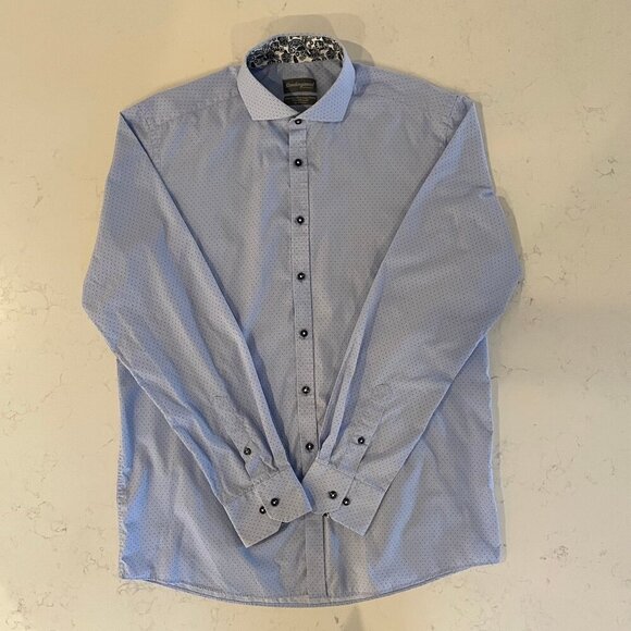 Sondergaard Copenhagen LS Button Down Fitted Polka Dot Print Shirt Blue Sz 16.5 - Picture 1 of 12